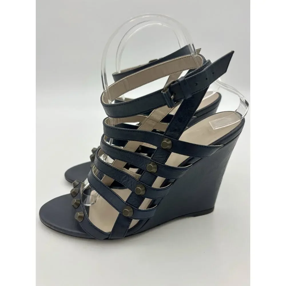 Balenciaga Wedge Sandals Navy Blue Leather Studded Size 39 / 9 Ankle Strap